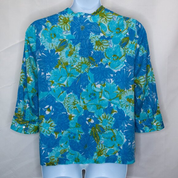 Talbots Embellished Floral Popover Top Womens LP PL Blue Petite Blouse KK12 - Picture 3 of 5